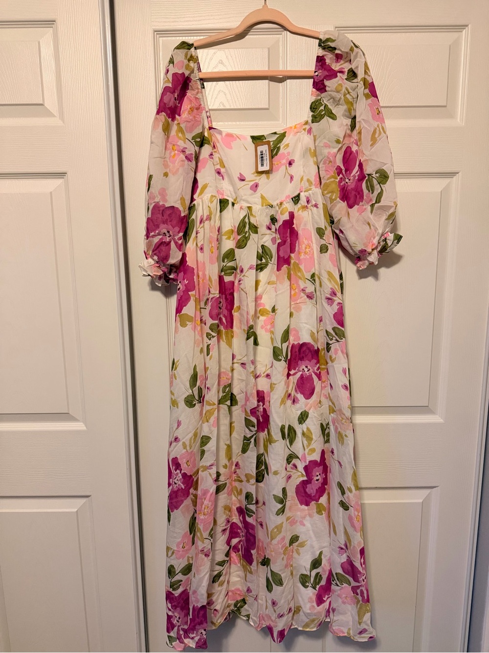 vestique White Maxi Dress with Pink Floral Print and Green Leaves